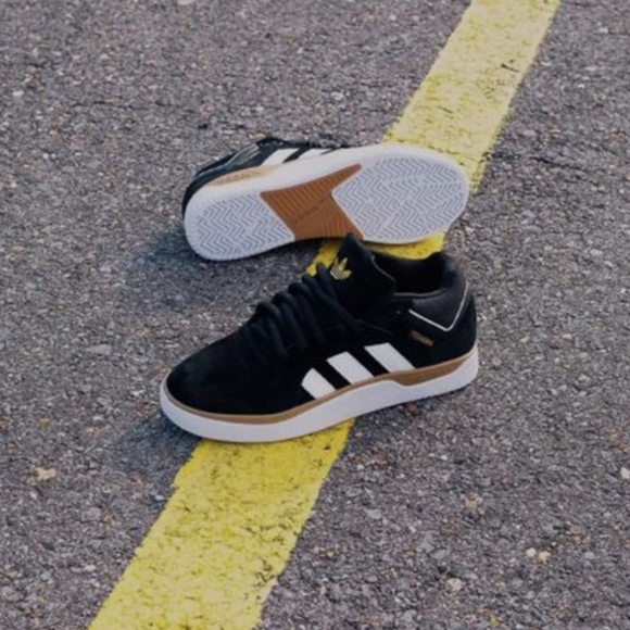Tyshawn Jones/Adidas skateboard sneaker, blk suede upper w gold, white/gum sole - Picture 3 of 8